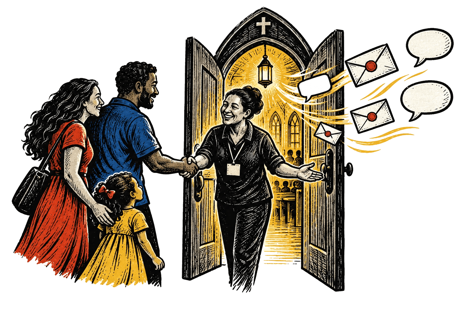 Gravura: na porta aberta da igreja, uma voluntária recebe uma família com um aperto de mão; da porta saem voando cartas e balões de conversa