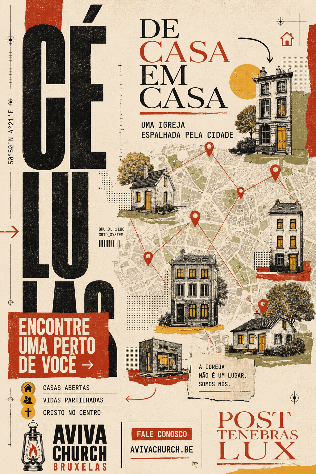 Cartaz das Células Aviva: de casa em casa, uma igreja espalhada pela cidade