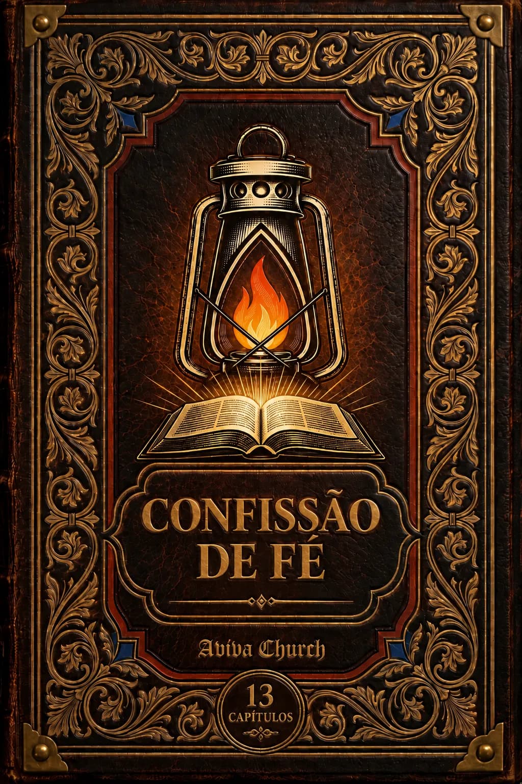 Capa em couro com lampião e Bíblia aberta em dourado: Confissão de Fé, Aviva Church, 13 capítulos