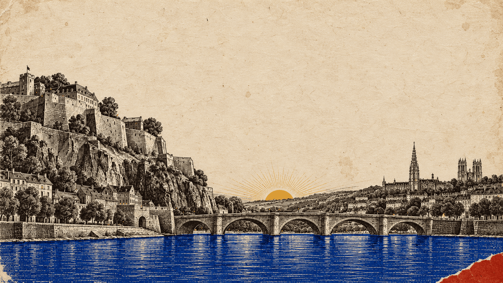 Gravura: Namur e Bruxelas ao amanhecer, com o sol nascendo entre as duas cidades