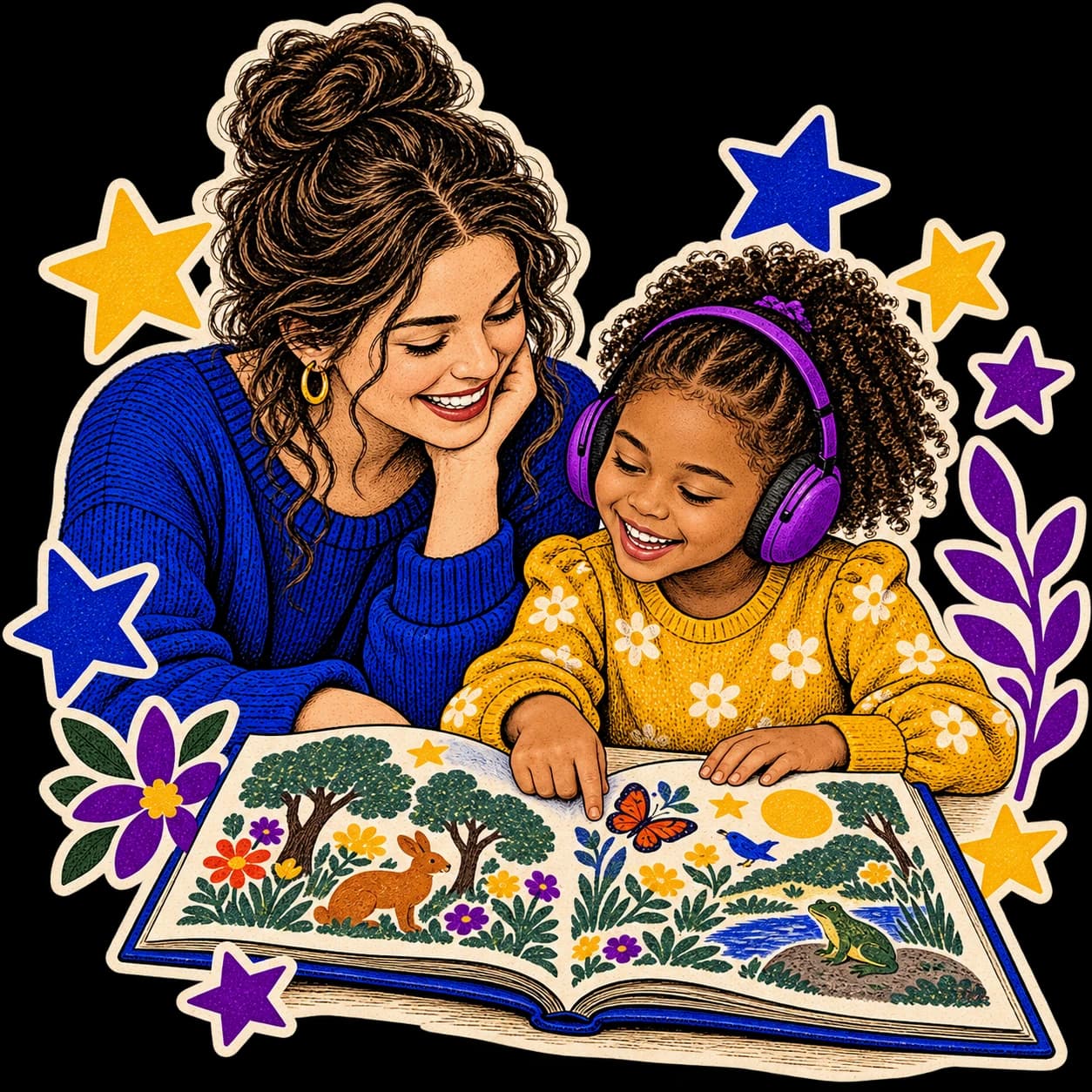 Ilustração de uma voluntária e uma criança com protetores auriculares compartilhando um livro, sentadas à mesma altura.
