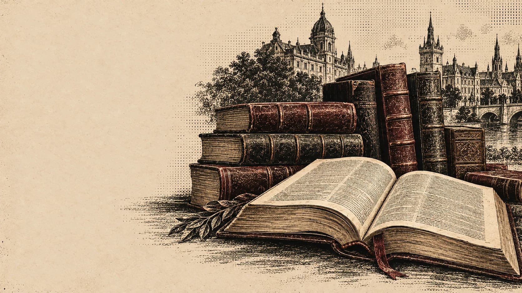 Gravura de livros antigos e um livro aberto diante da arquitetura europeia